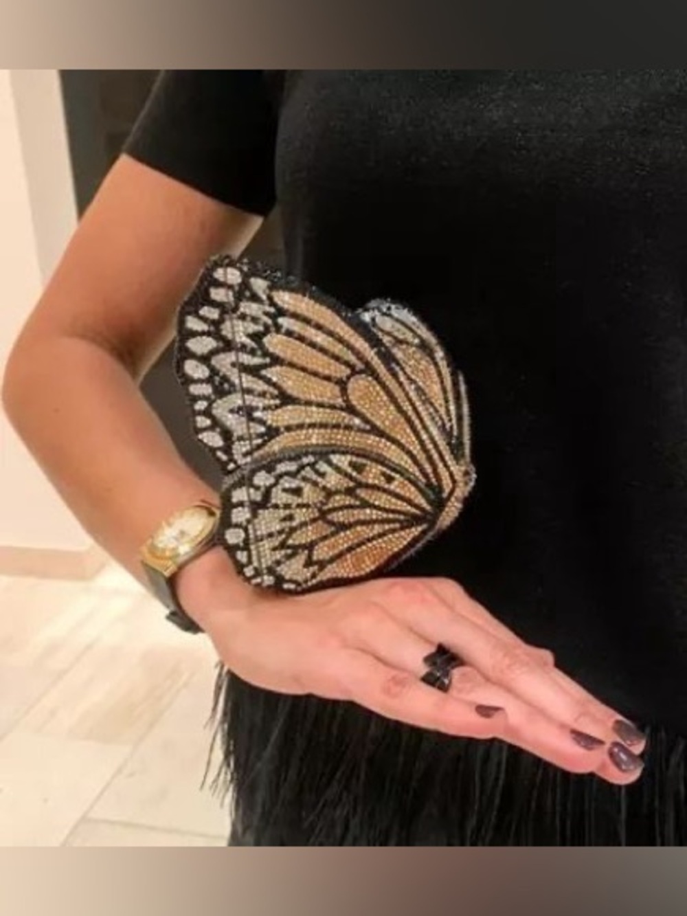 Embellished Butterfly Clutch Bag - Black and Gold